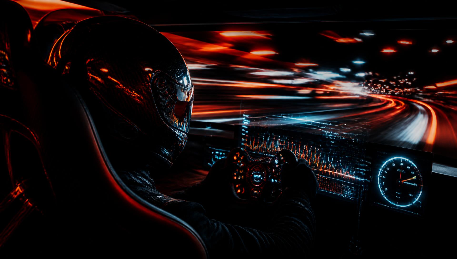 Sim racing driver in a helmet at the wheel with glowing telemetry overlays